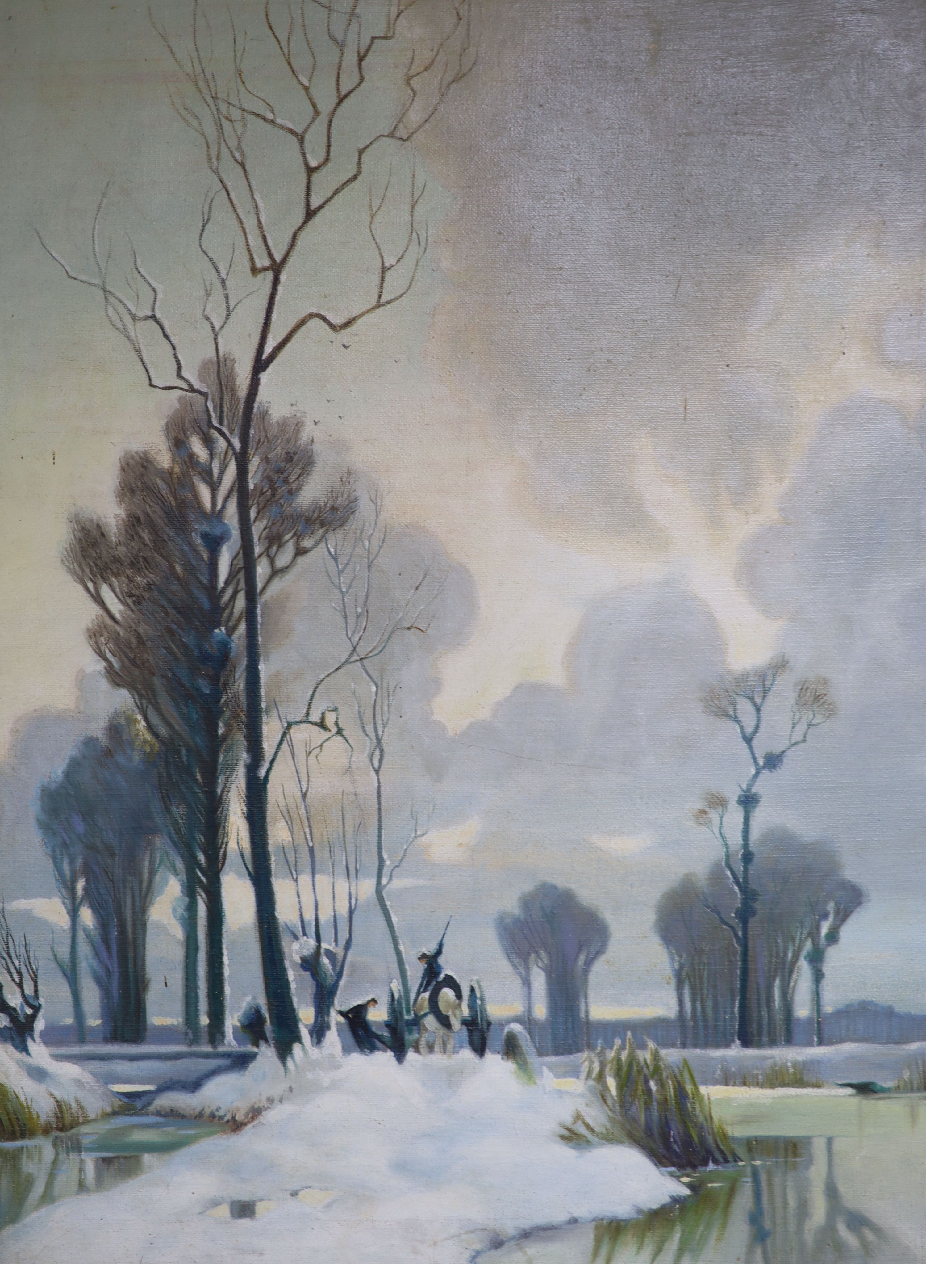 Attributed to Alexandre Jacob (1876-1972), oil on canvas laid on board, Carters in a winter landscape, 61 x 45cm. unframed.